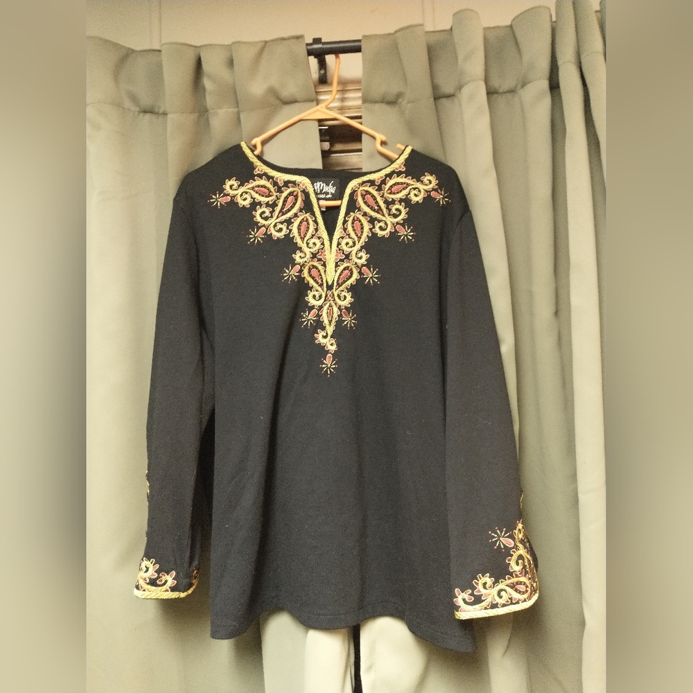 Bob Mackie Embroidered Top, Black with gold and red embroidery.  Size 2xl